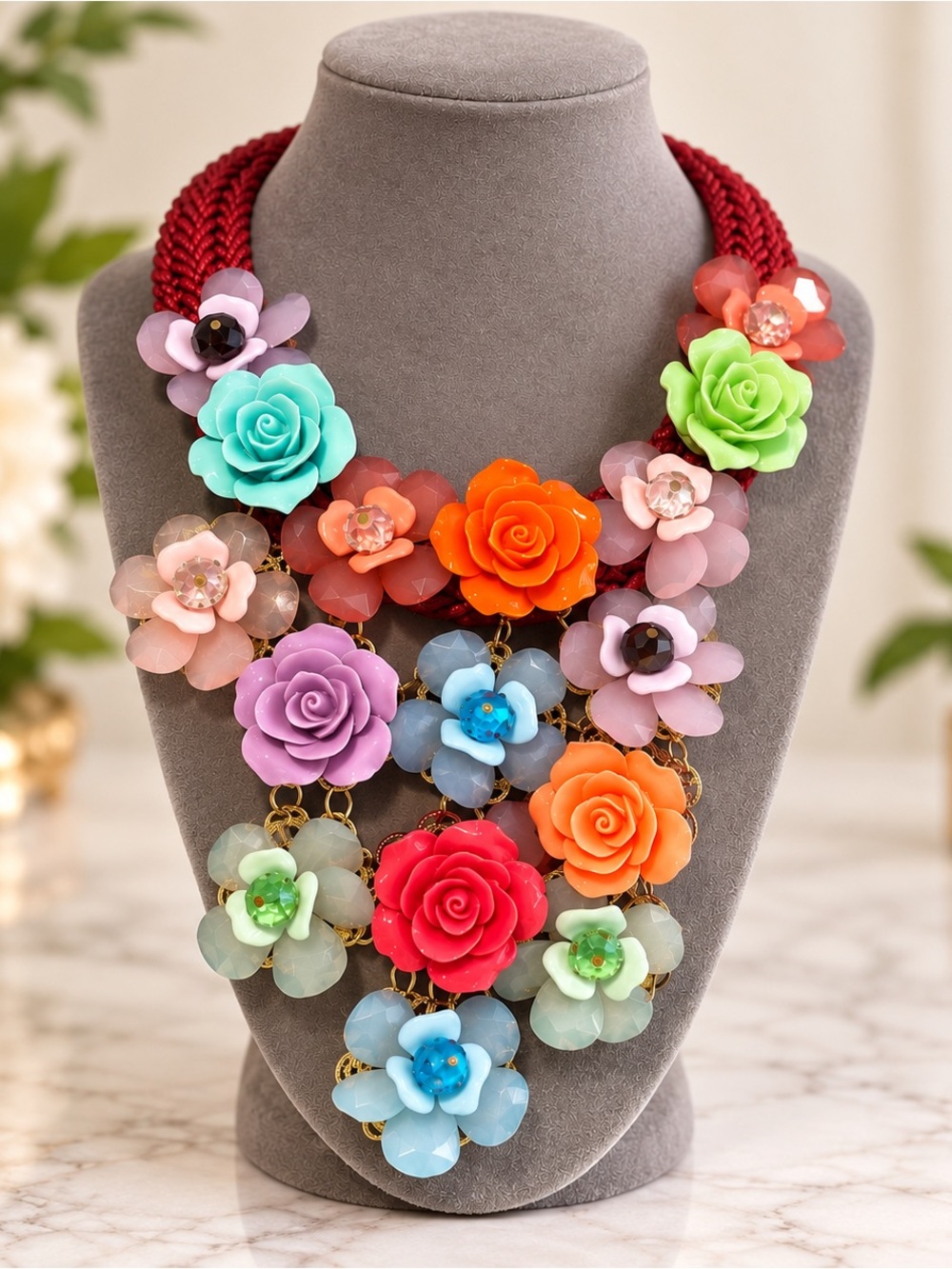 Vintage 3D Floral Lucite Resin Statement Bib Necklace